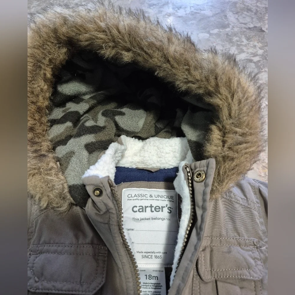 Carter's Tan and Blue Winter Parka with Faux Fur Hood